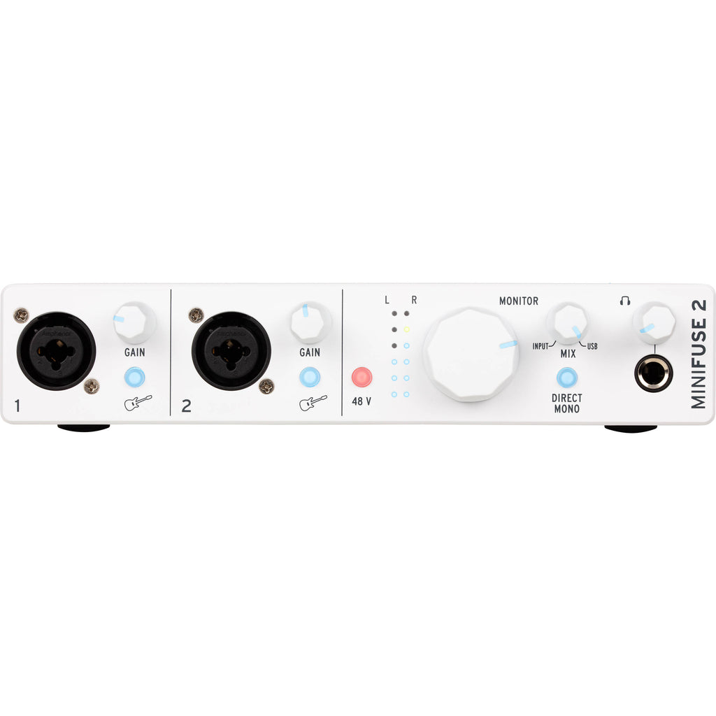 Arturia MiniFuse 2 audio interface with USB port and control knobs, designed for music production and recording.