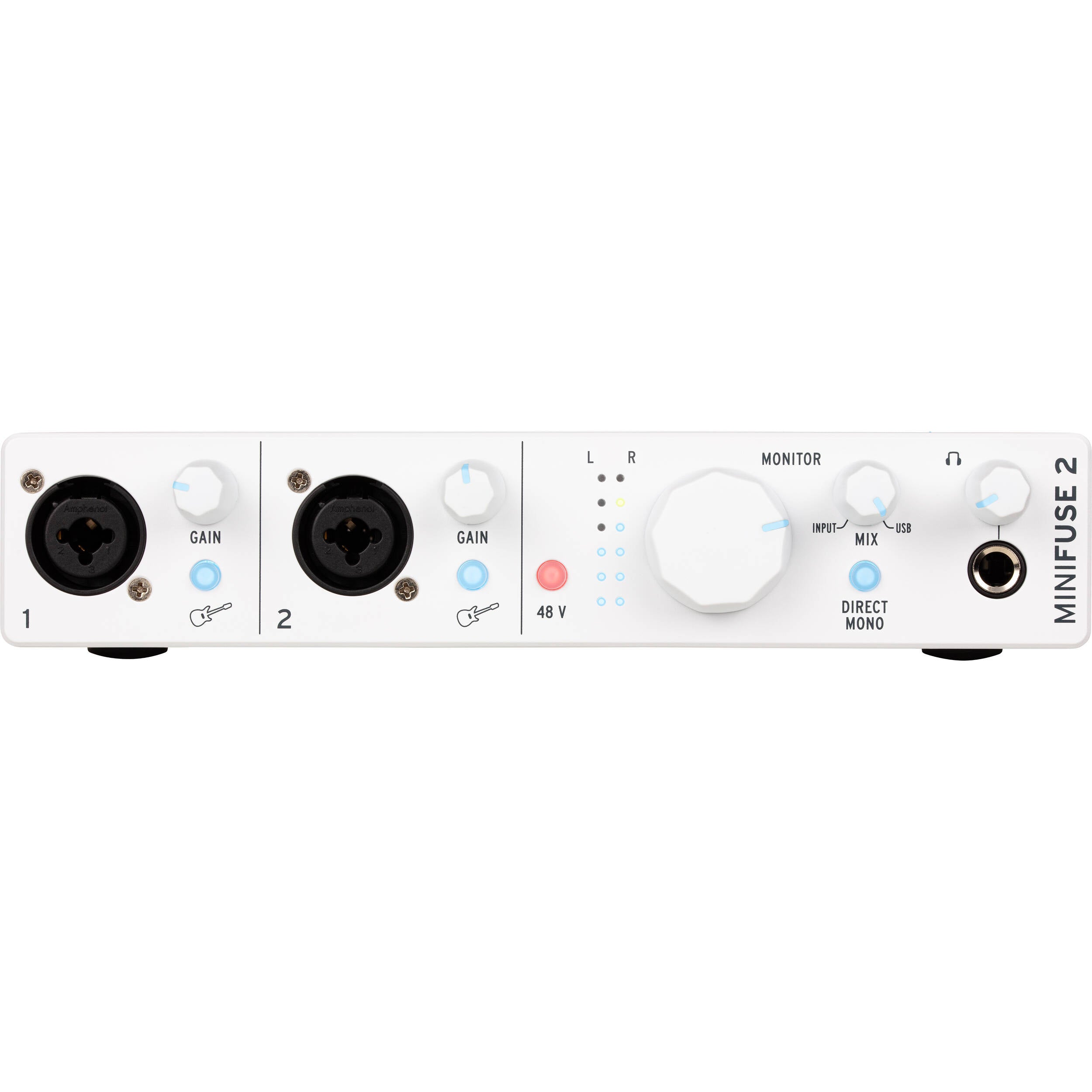 Arturia MiniFuse 2 audio interface with USB port and control knobs, designed for music production and recording.