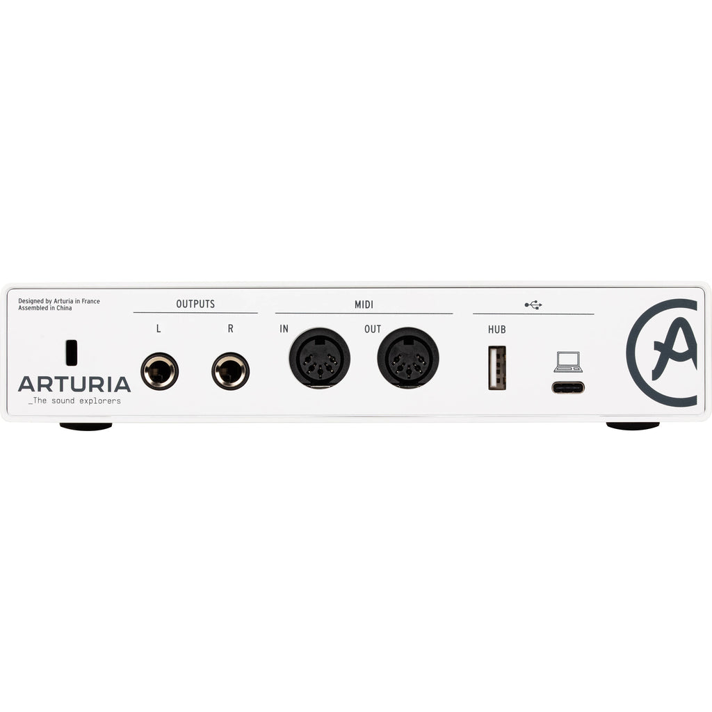 Arturia MiniFuse 2 audio interface showing dual input and output ports with compact design and control knobs.