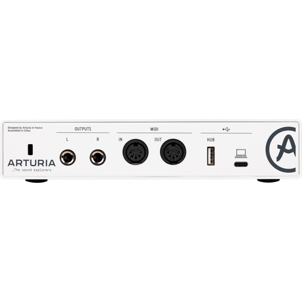 Arturia MiniFuse 2 audio interface showing dual input and output ports with compact design and control knobs.