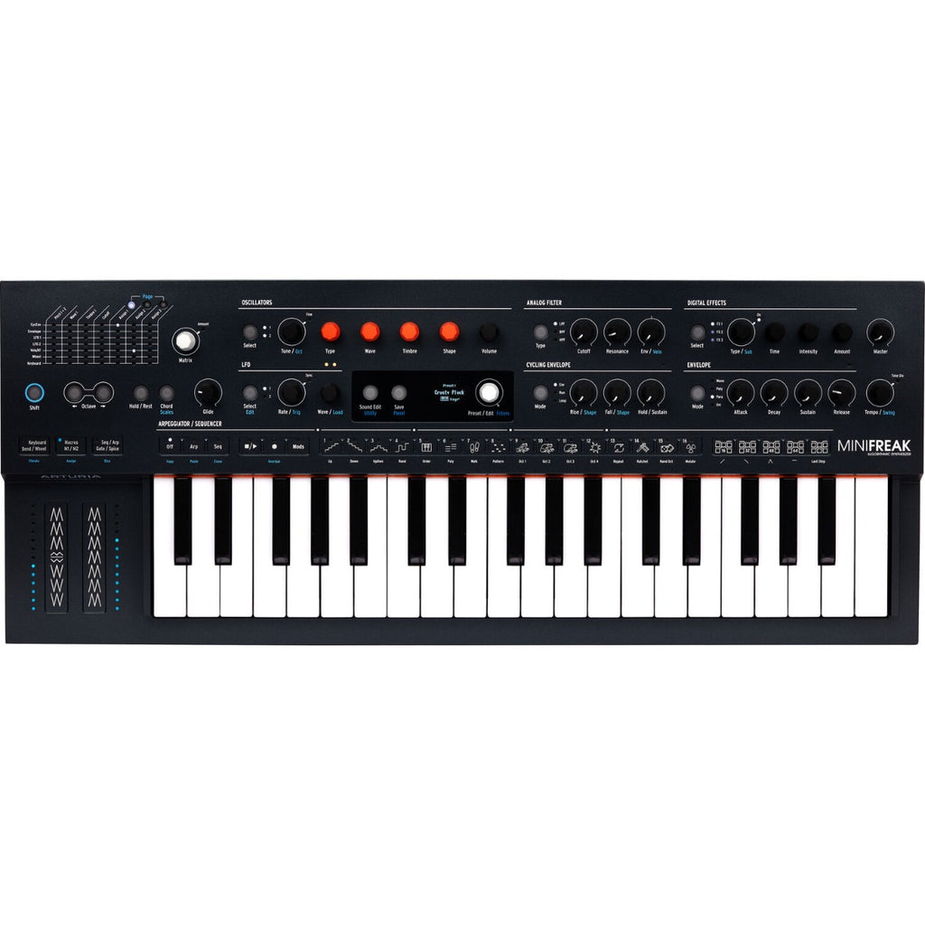 Arturia MiniFreak synthesizer with control knobs, keys, and LCD display, showcasing its compact design and versatile features