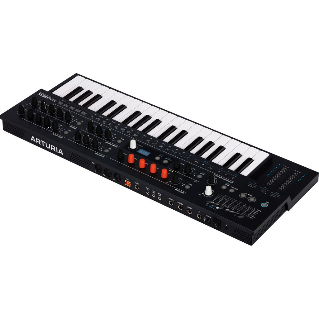 Arturia MiniFreak synthesizer with control knobs, sliders, and display screen for electronic music production.