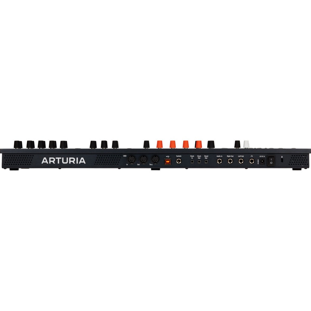 Arturia MiniFreak synthesizer with control knobs, keyboard, and display, designed for versatile music production and sound design.