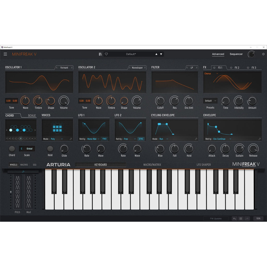 Arturia MiniFreak synthesizer with control knobs, keyboard, and display, featuring a sleek black design and various electronic controls.