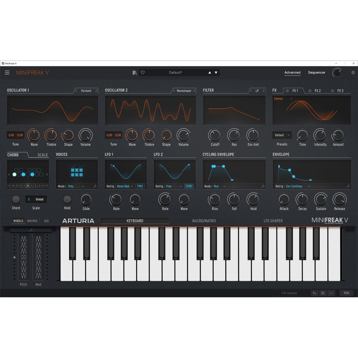 Arturia MiniFreak synthesizer with control knobs, keyboard, and display, featuring a sleek black design and various electronic controls.