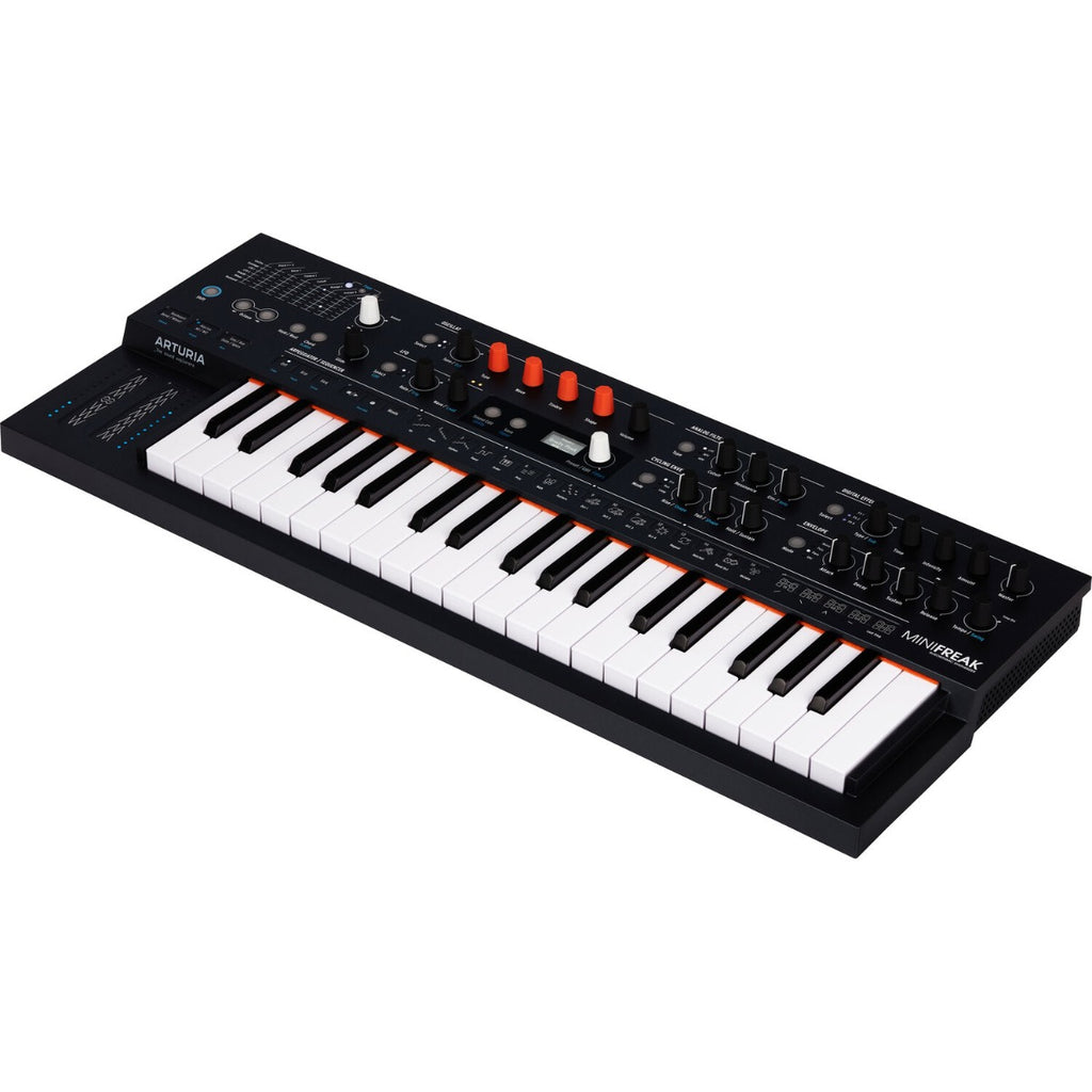 Arturia MiniFreak synthesizer with knobs, keys, and control panel, showcasing its compact design and performance features.