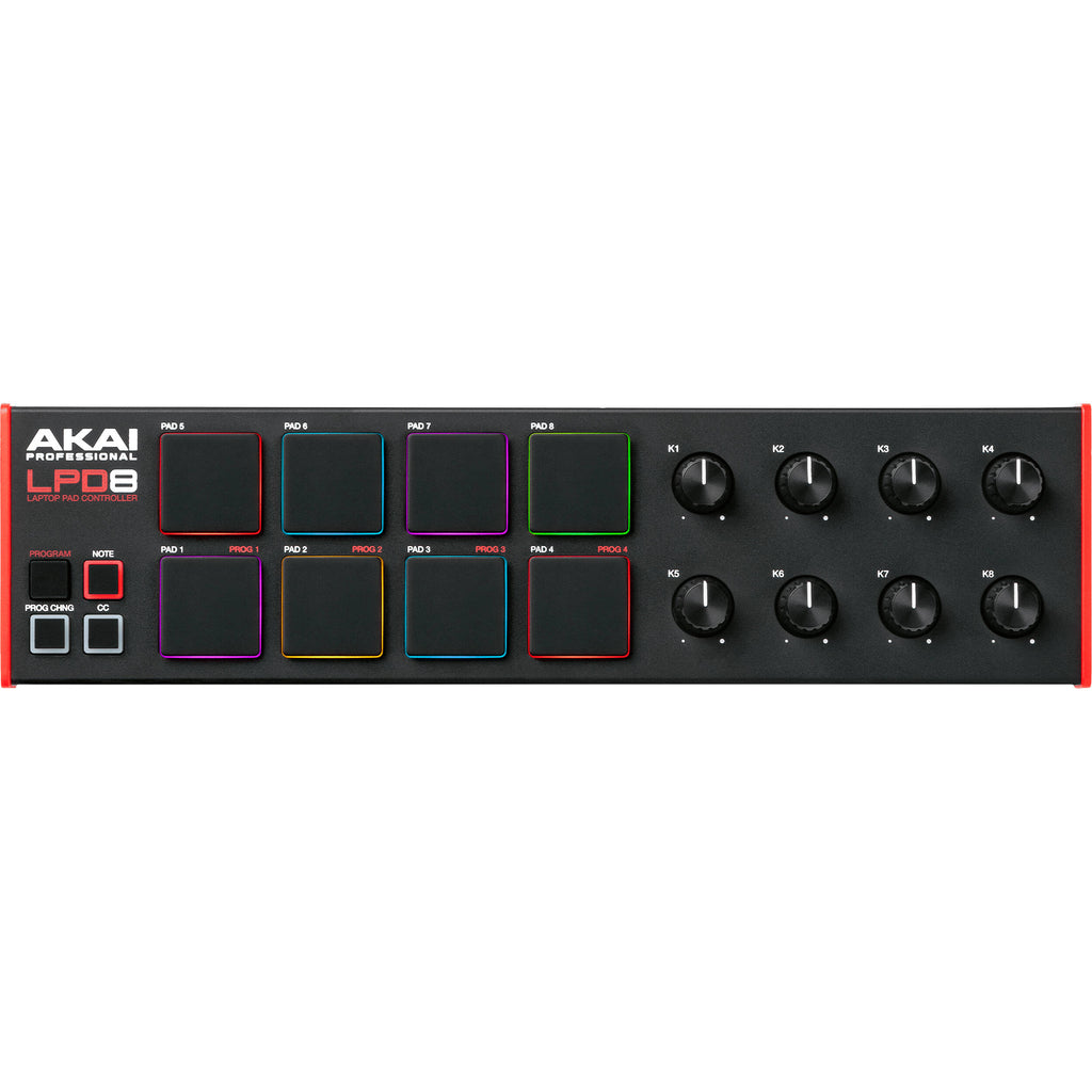 Akai Professional LPD8 MK2 MIDI controller with 8 drum pads and knobs, designed for music production and live performance.