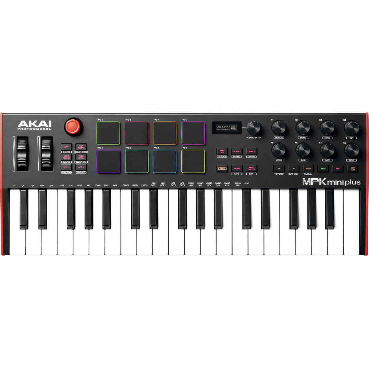 Akai Professional MPK Mini Plus MIDI keyboard with 25 keys, drum pads, and control knobs for music production.