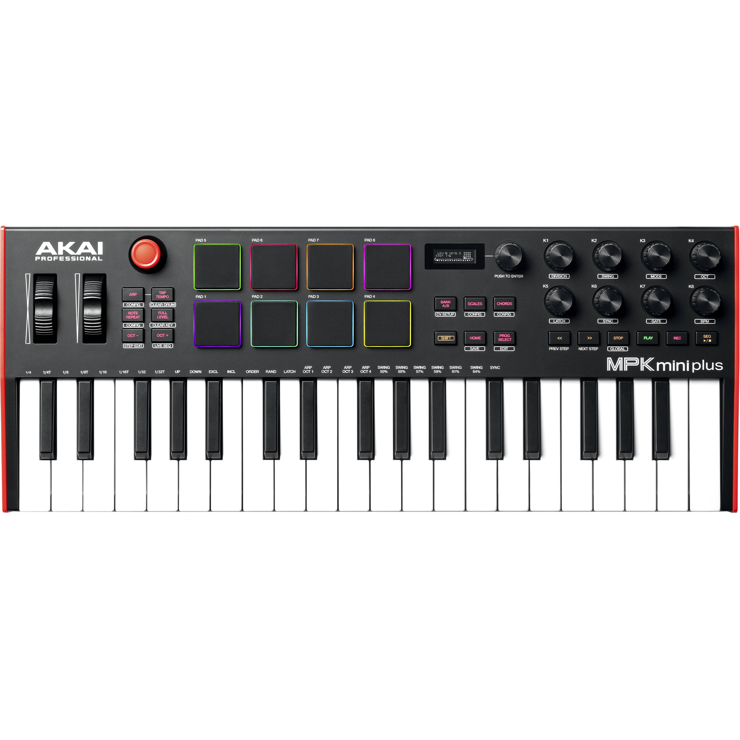 Akai Professional MPK Mini Plus MIDI keyboard with 25 keys, drum pads, and control knobs for music production.