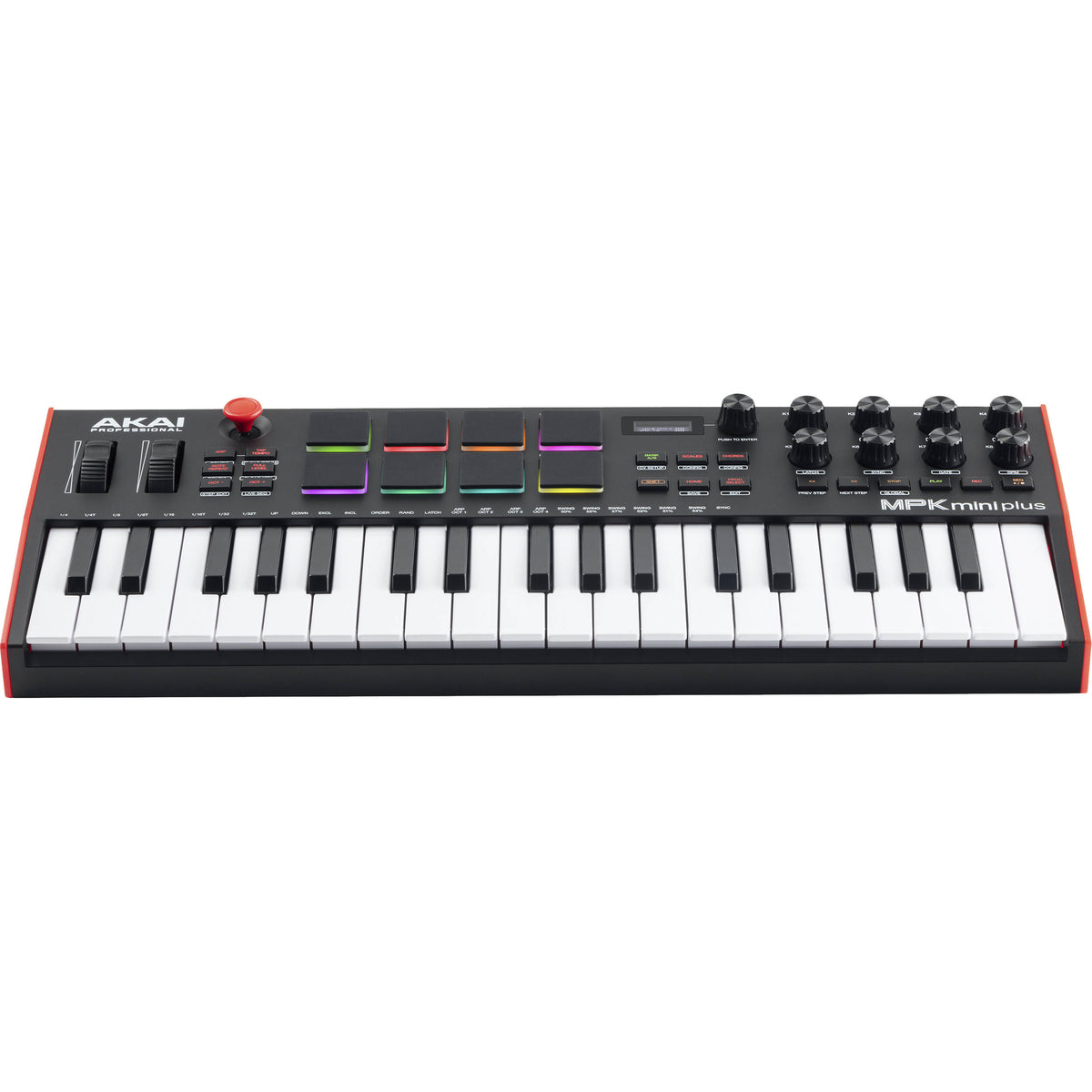 Akai Professional MPK Mini Plus MIDI keyboard with 25 keys, control pads, and knobs, designed for music production and portable use