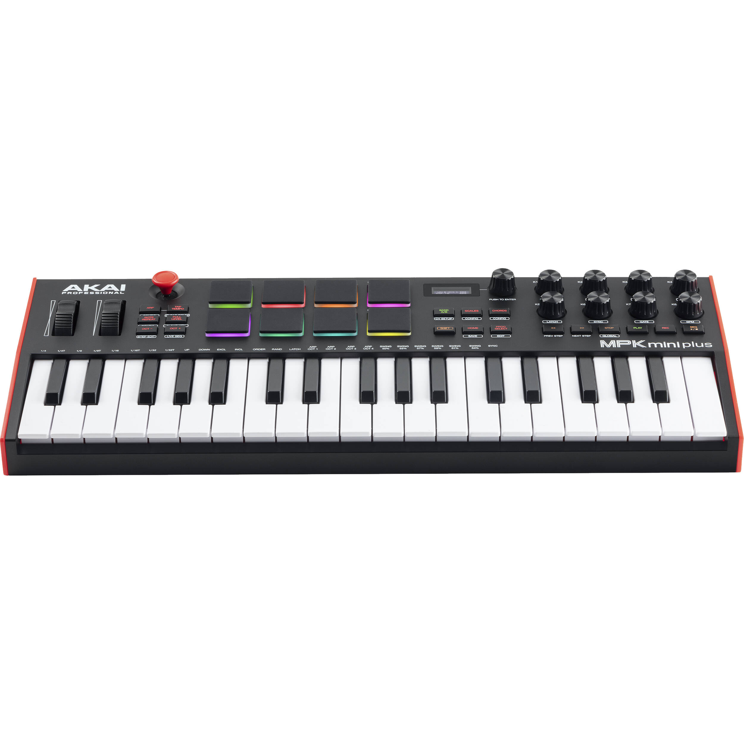 Akai Professional MPK Mini Plus MIDI keyboard with 25 keys, control pads, and knobs, designed for music production and portable use