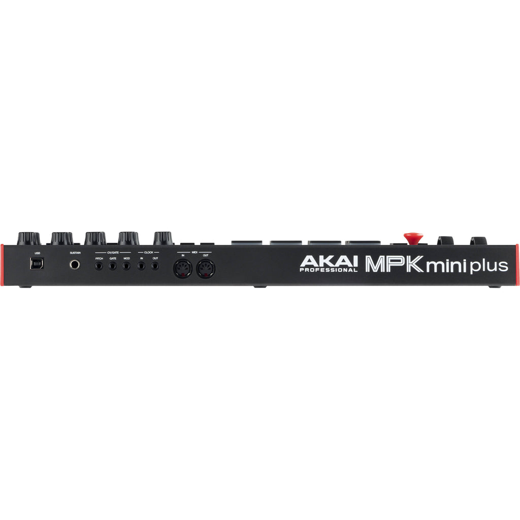 Akai Professional MPK Mini Plus MIDI keyboard with 25 keys, drum pads, and control knobs for music production and live performance.