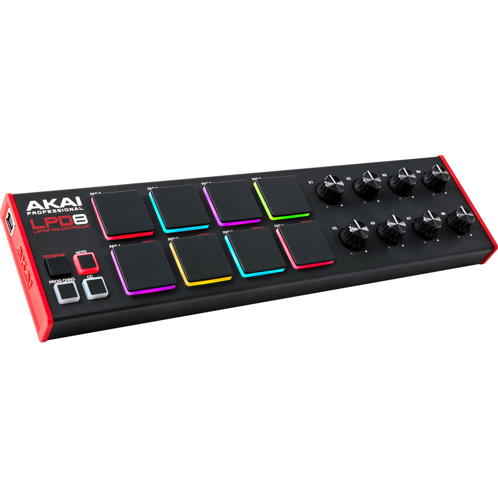 Akai Professional LPD8 MK2 MIDI controller with 8 drum pads and knobs, shown on a black surface.