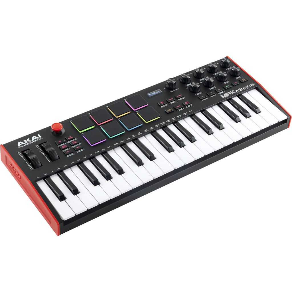 Akai Professional MPK Mini Plus MIDI keyboard with compact design,keys, drum pads, and control knobs for music production.
