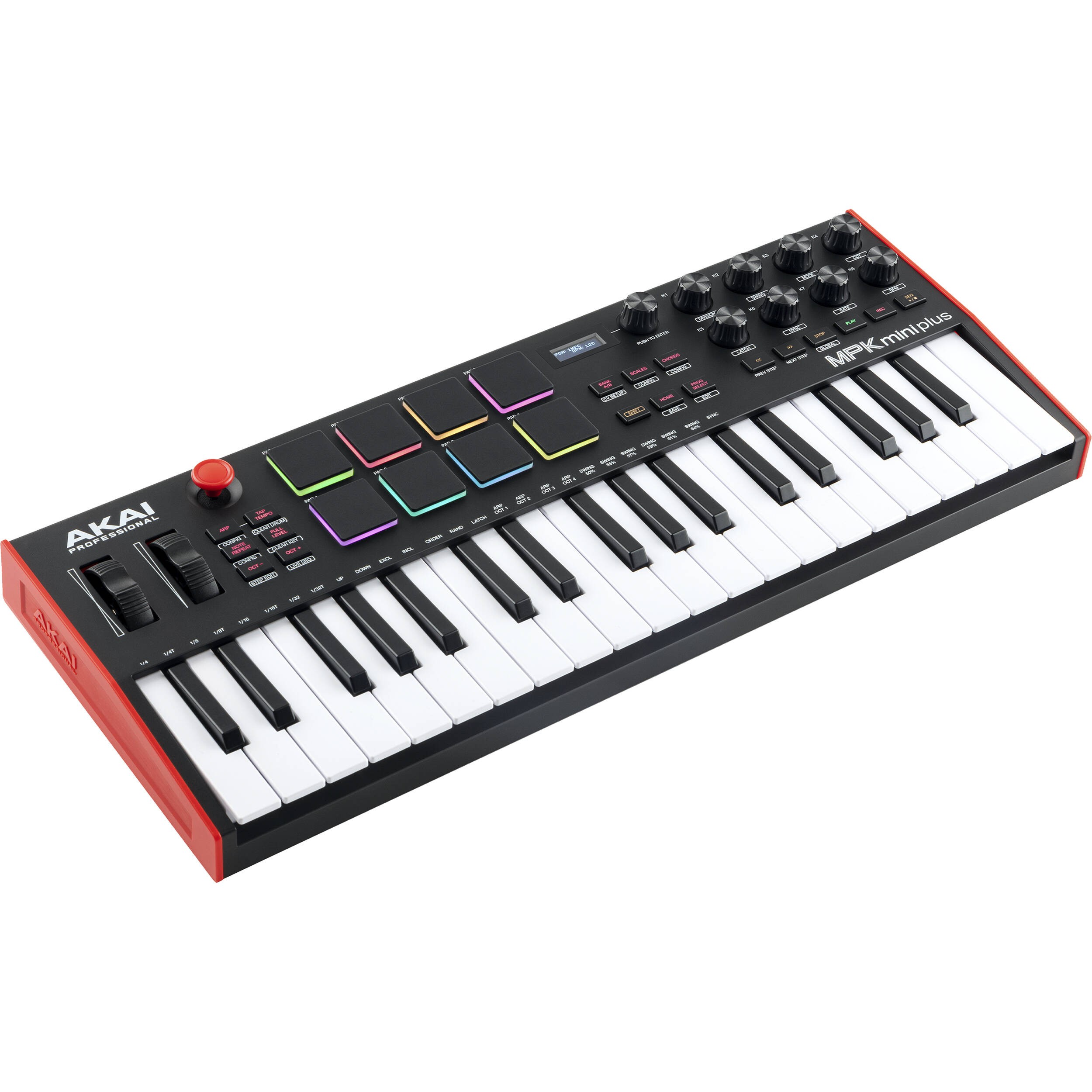Akai Professional MPK Mini Plus MIDI keyboard with compact design,keys, drum pads, and control knobs for music production.