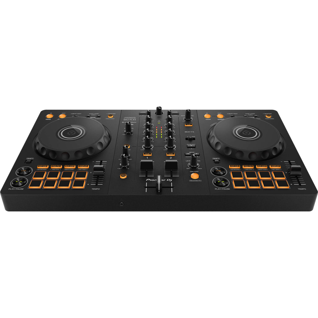 Pioneer DJ DDJ-FLX4 DJ controller with jog wheels, performance pads, and control knobs for mixing music.