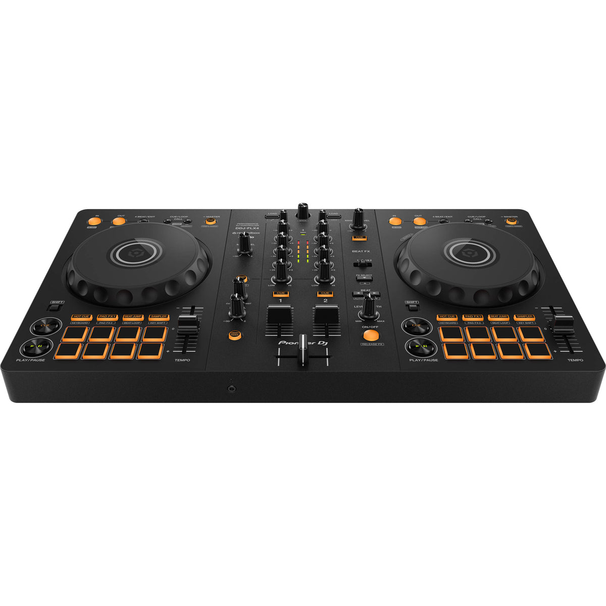 Pioneer DJ DDJ-FLX4 DJ controller with jog wheels, performance pads, and control knobs for mixing music.