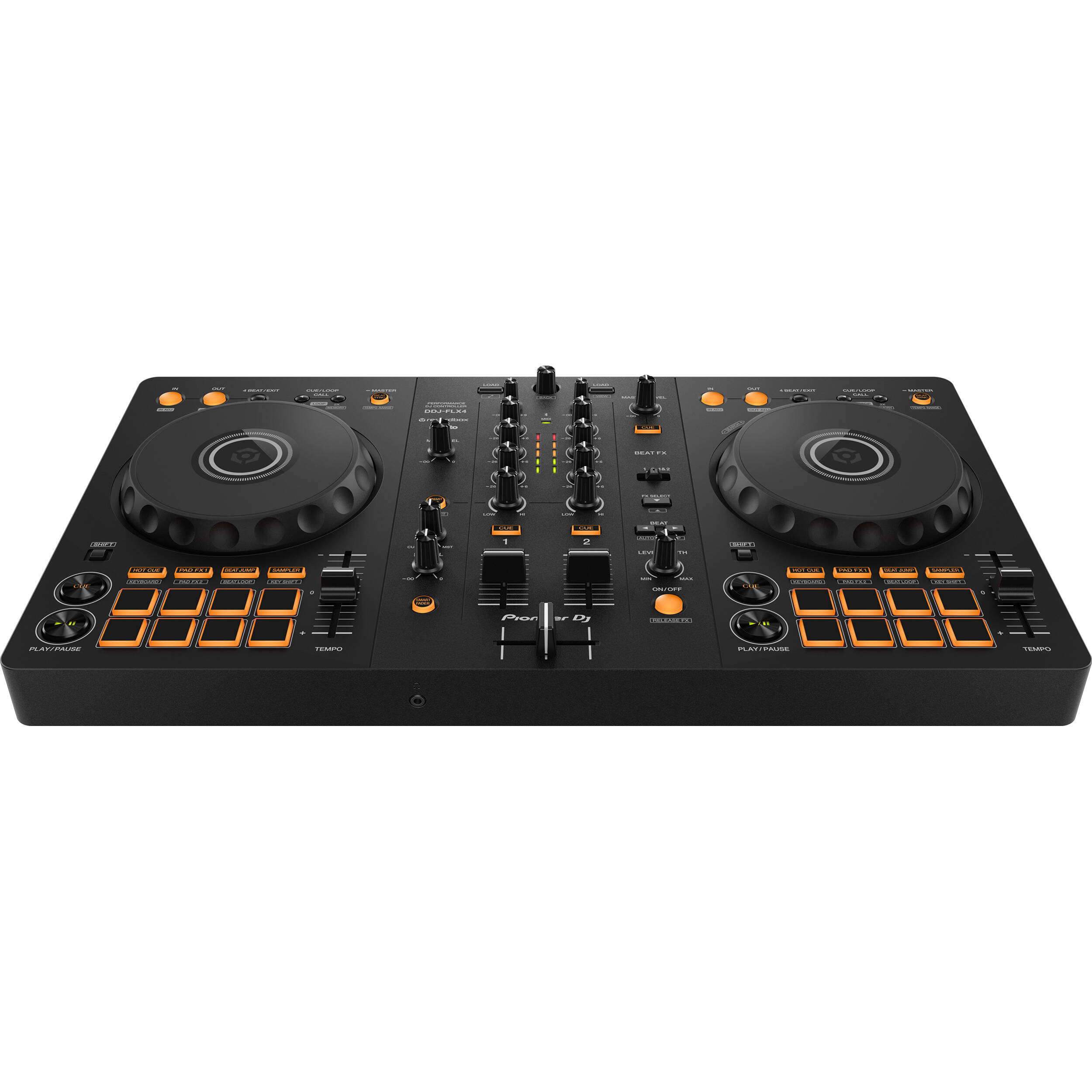 Pioneer DJ DDJ-FLX4 DJ controller with jog wheels, performance pads, and control knobs for mixing music.