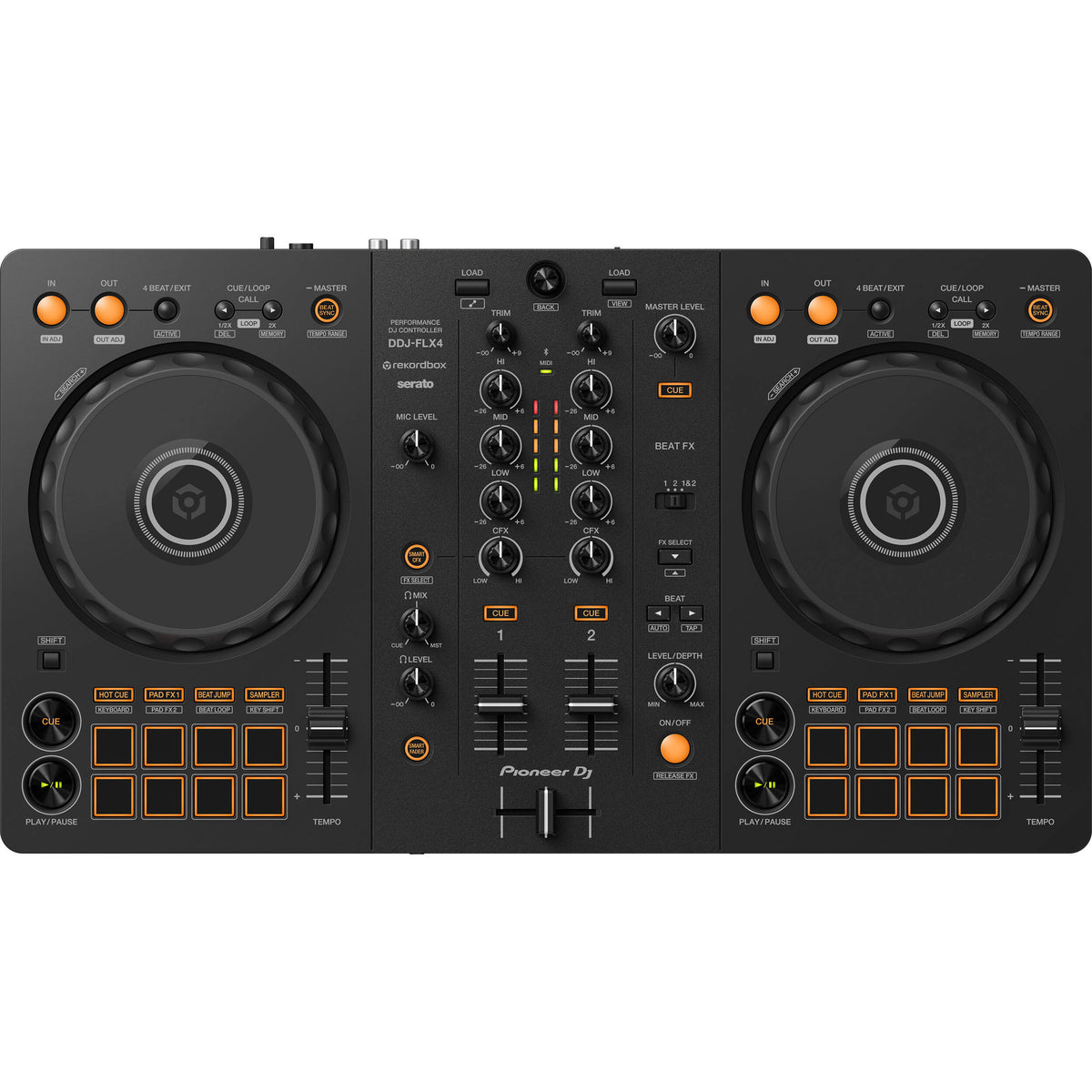 Pioneer DJ DDJ-FLX4 DJ controller with jog wheels, performance pads, and control knobs on a sleek black surface.