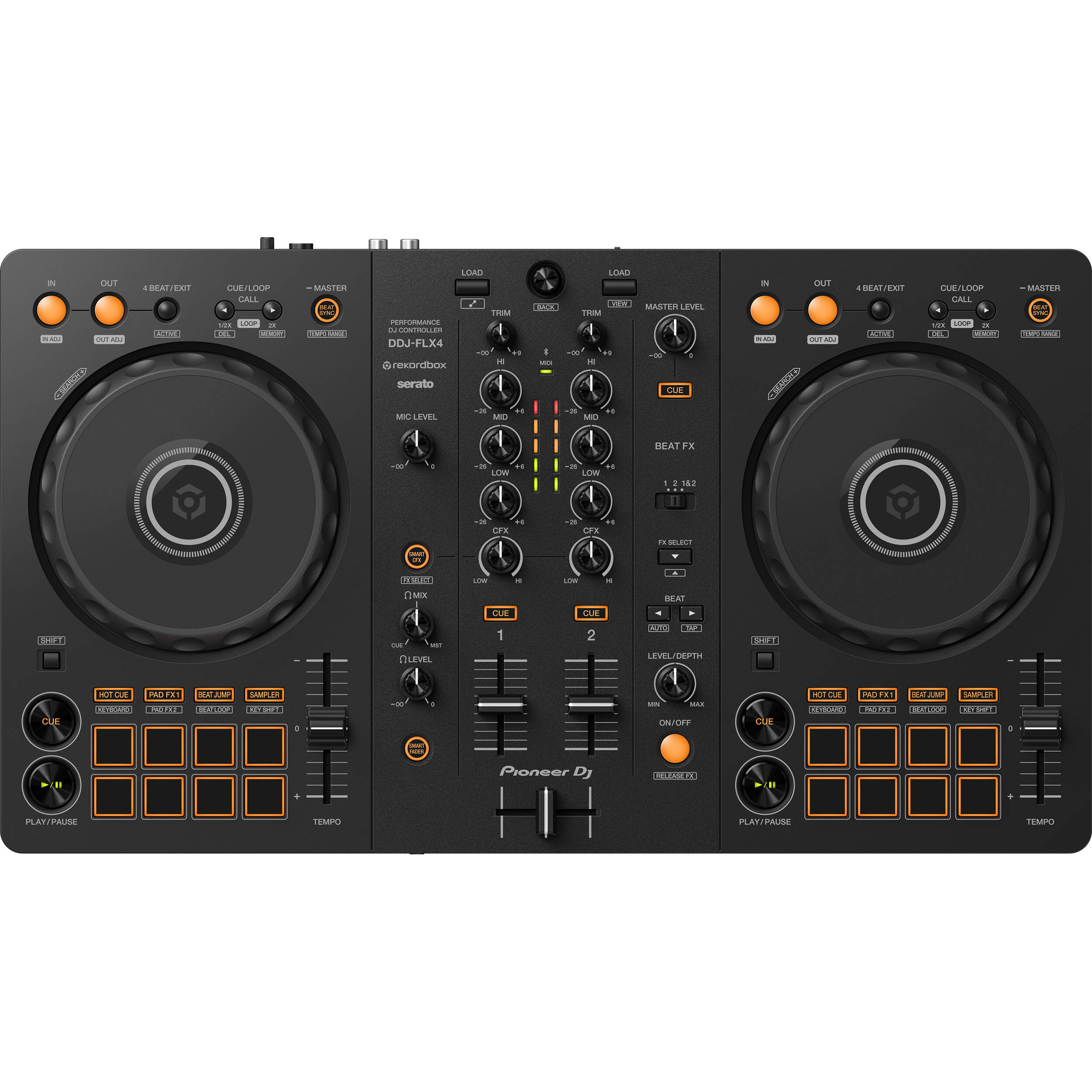Pioneer DJ DDJ-FLX4 DJ controller with jog wheels, performance pads, and control knobs on a sleek black surface.