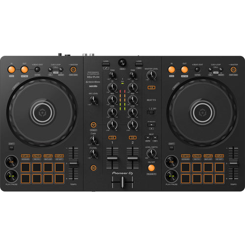 Pioneer DJ DDJ-FLX4 DJ controller with jog wheels, performance pads, and control knobs on a sleek black surface.