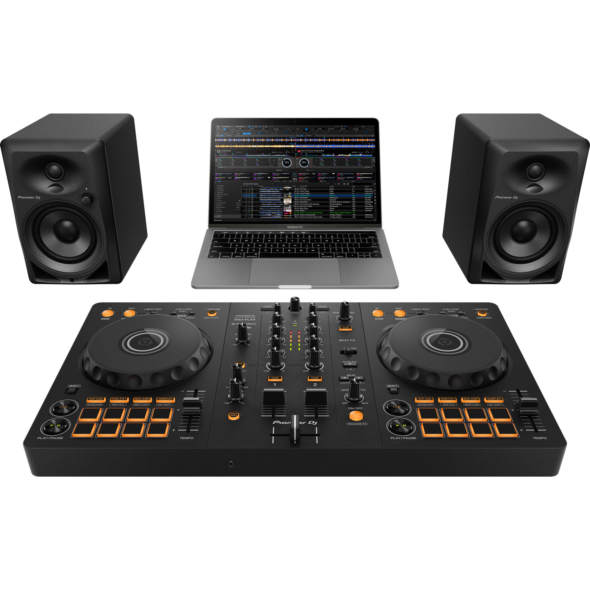 Pioneer DJ DDJ-FLX4 DJ controller with jog wheels, mixer controls, and colorful performance pads.