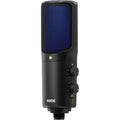 Rode NT-USB+ USB microphone with built-in stand and controls, ideal for podcasting, streaming, and recording at a desk.