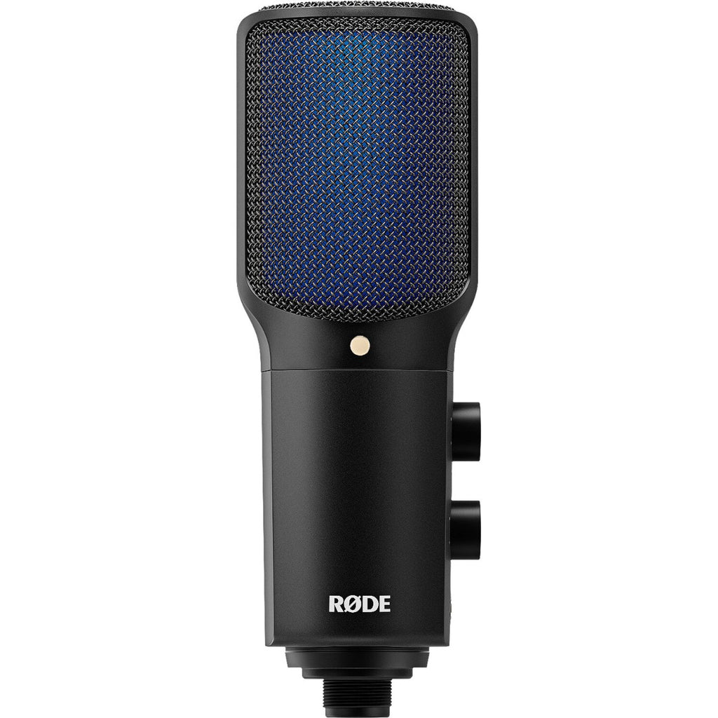 Rode NT-USB+ USB microphone with built-in stand and controls, ideal for streaming, podcasting, and recording on a computer.