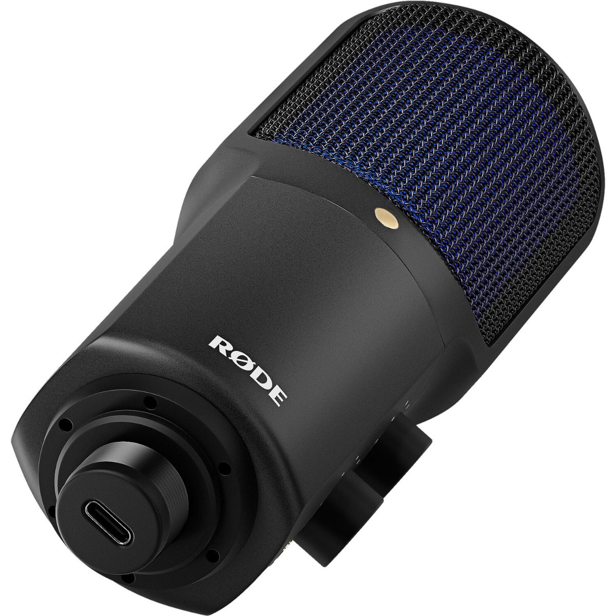 Rode NT-USB+ USB microphone with built-in controls, black finish, and adjustable stand for professional audio recording.