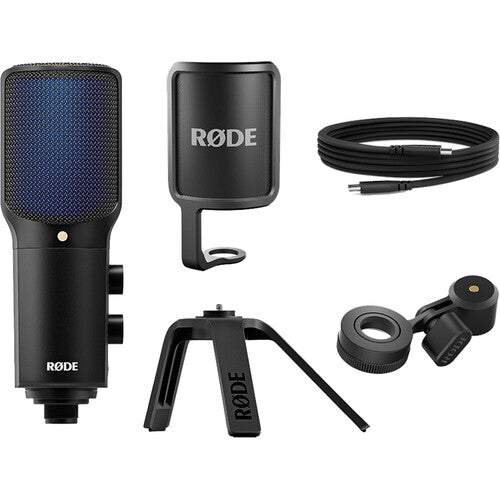 Rode NT-USB+ USB microphone with built-in stand and controls, ideal for podcasting, streaming, and recording setups.