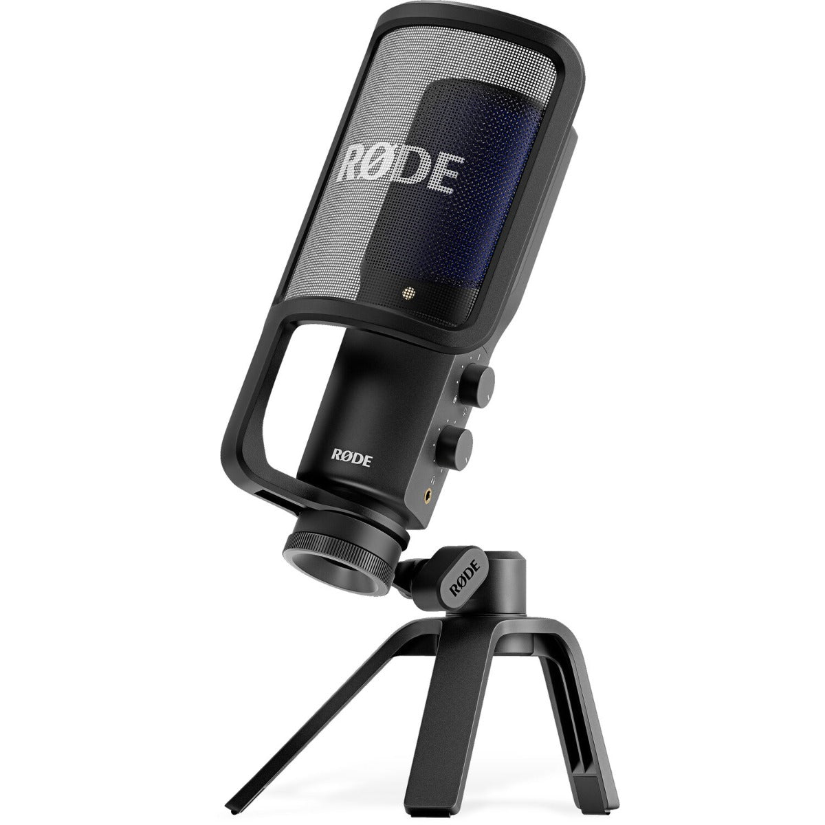 Rode NT-USB+ USB microphone with built-in stand and control dials, ideal for podcasting and streaming.