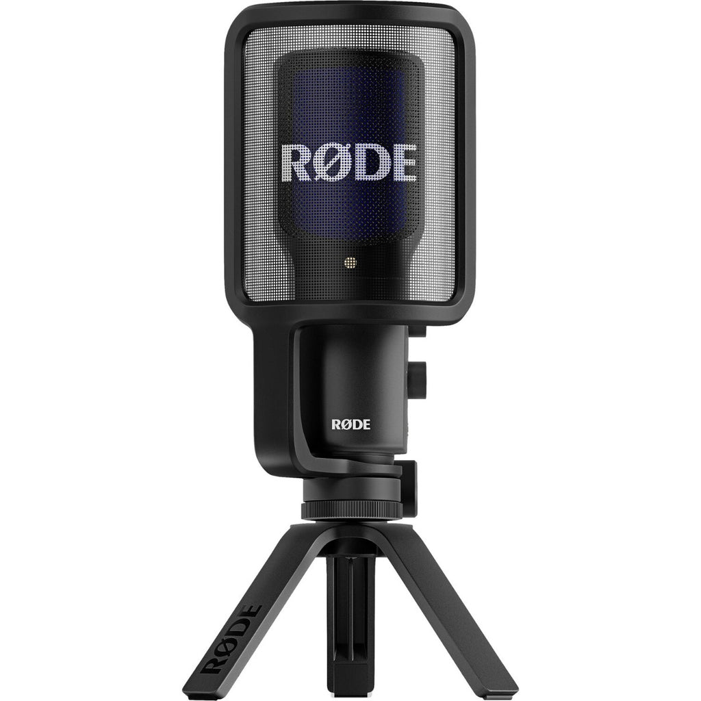 Rode NT-USB+ USB microphone with built-in stand and control knobs, ideal for podcasting and streaming.