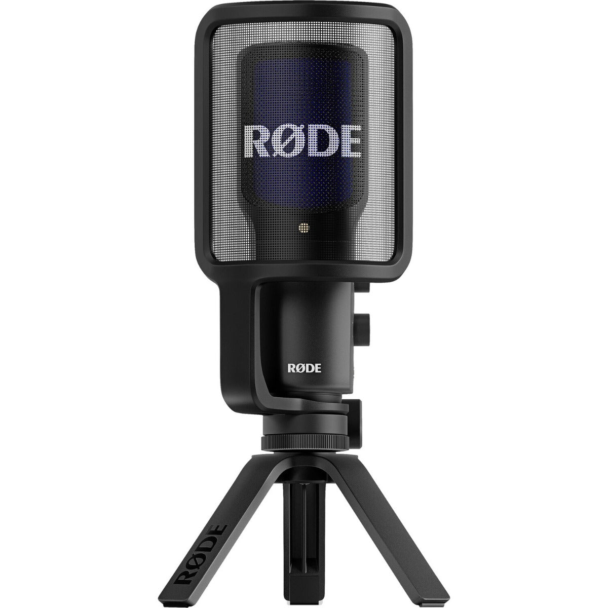 Rode NT-USB+ USB microphone with built-in stand and control knobs, ideal for podcasting and streaming.