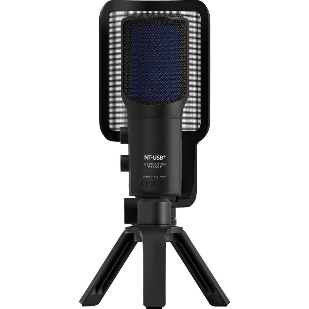 Rode NT-USB+ USB microphone with built-in stand and controls, ideal for podcasting and streaming.