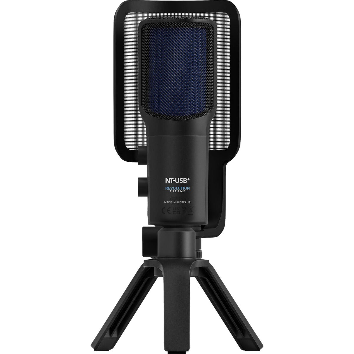 Rode NT-USB+ USB microphone with built-in stand and controls, ideal for podcasting and streaming.