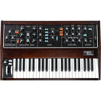 Moog Minimoog Model D synthesizer with vintage-style control panel and keyboard, detailed close-up of analog synth hardware.