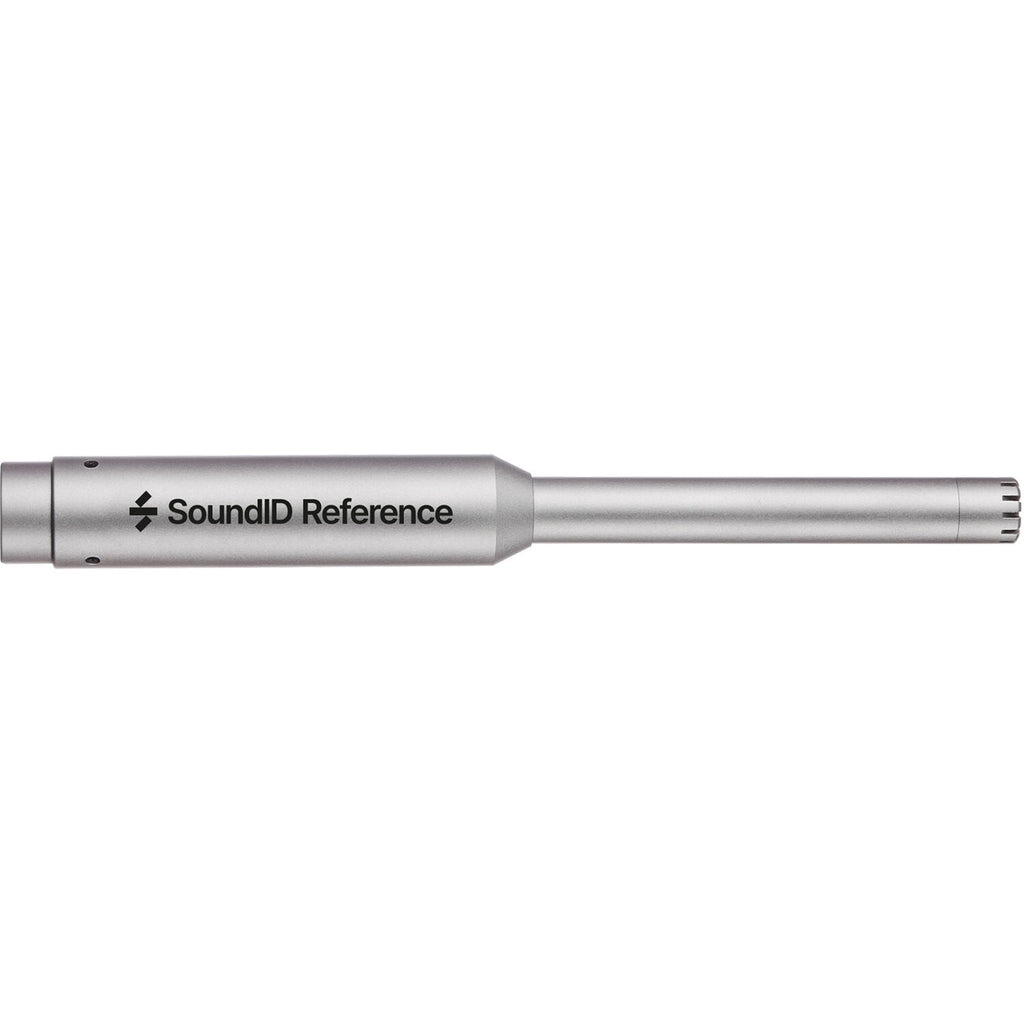 Sonarworks SoundID Reference measurement microphone for room calibration, shown with a compact, professional microphone and stand.