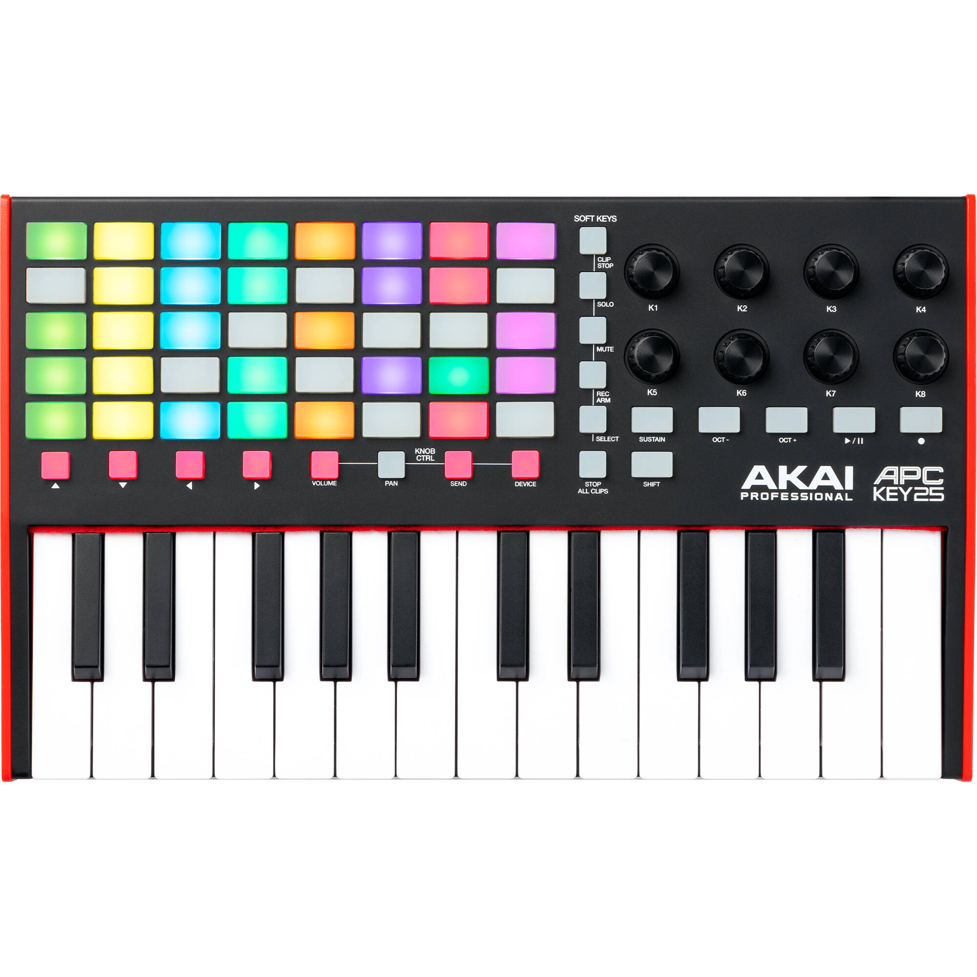 Akai Professional APC Key 25 MK2 MIDI keyboard with 25 keys, control knobs, and buttons for music production.