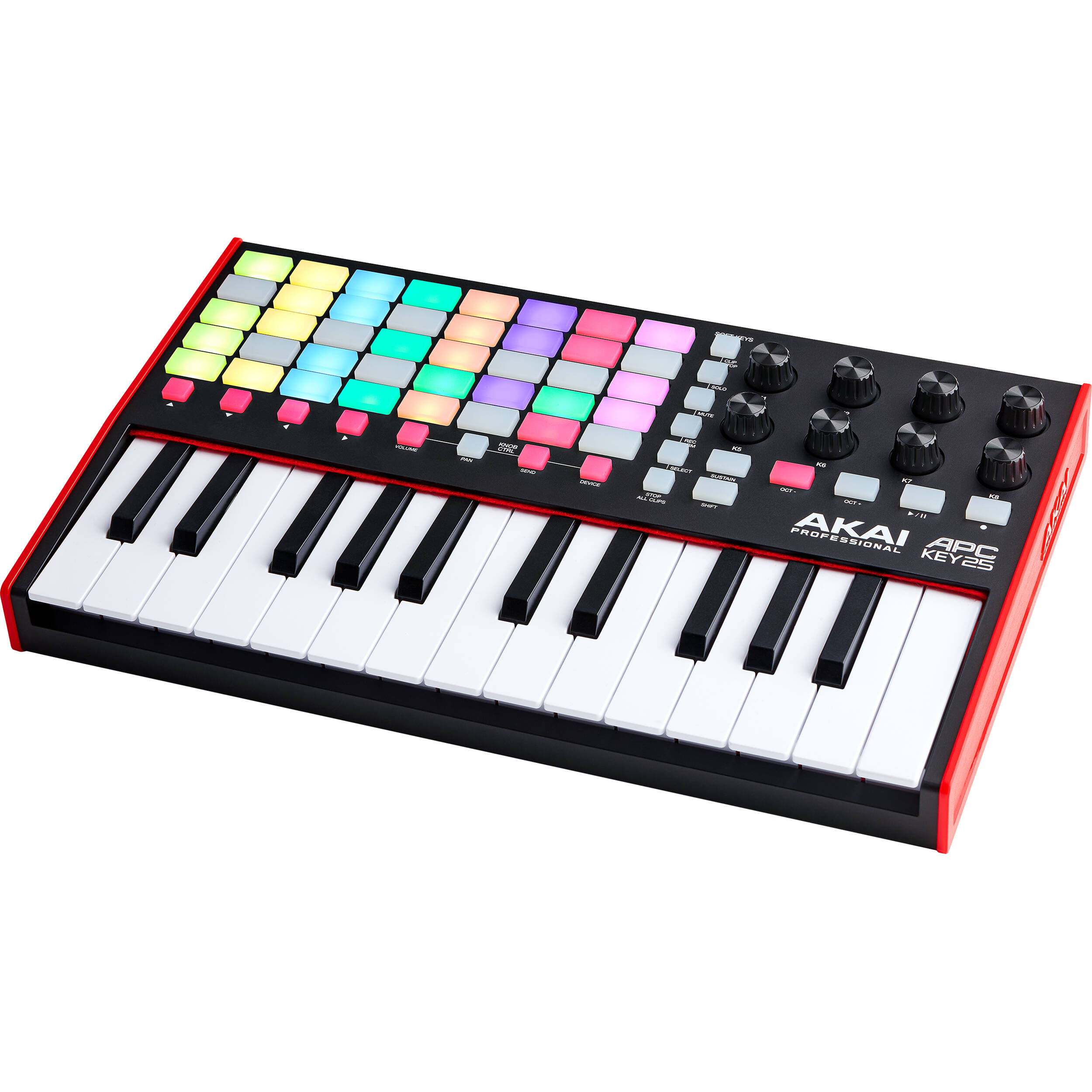 Akai Professional APC Key 25 MK2 MIDI keyboard with 25 keys, control knobs, and performance pads on a black background.