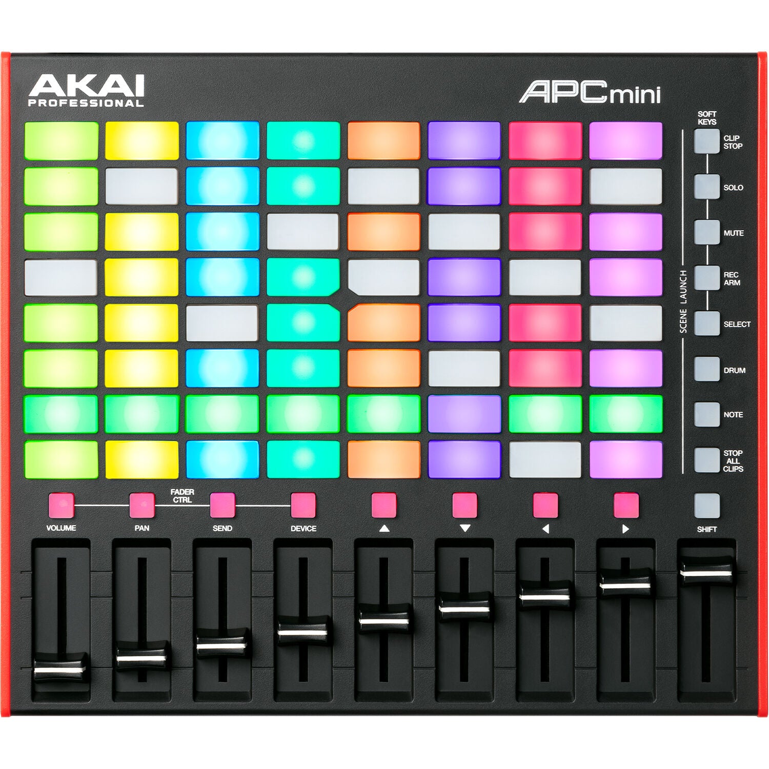 Akai Professional APC Mini MK2 MIDI controller with compact grid of colorful pads and control knobs on a black surface.