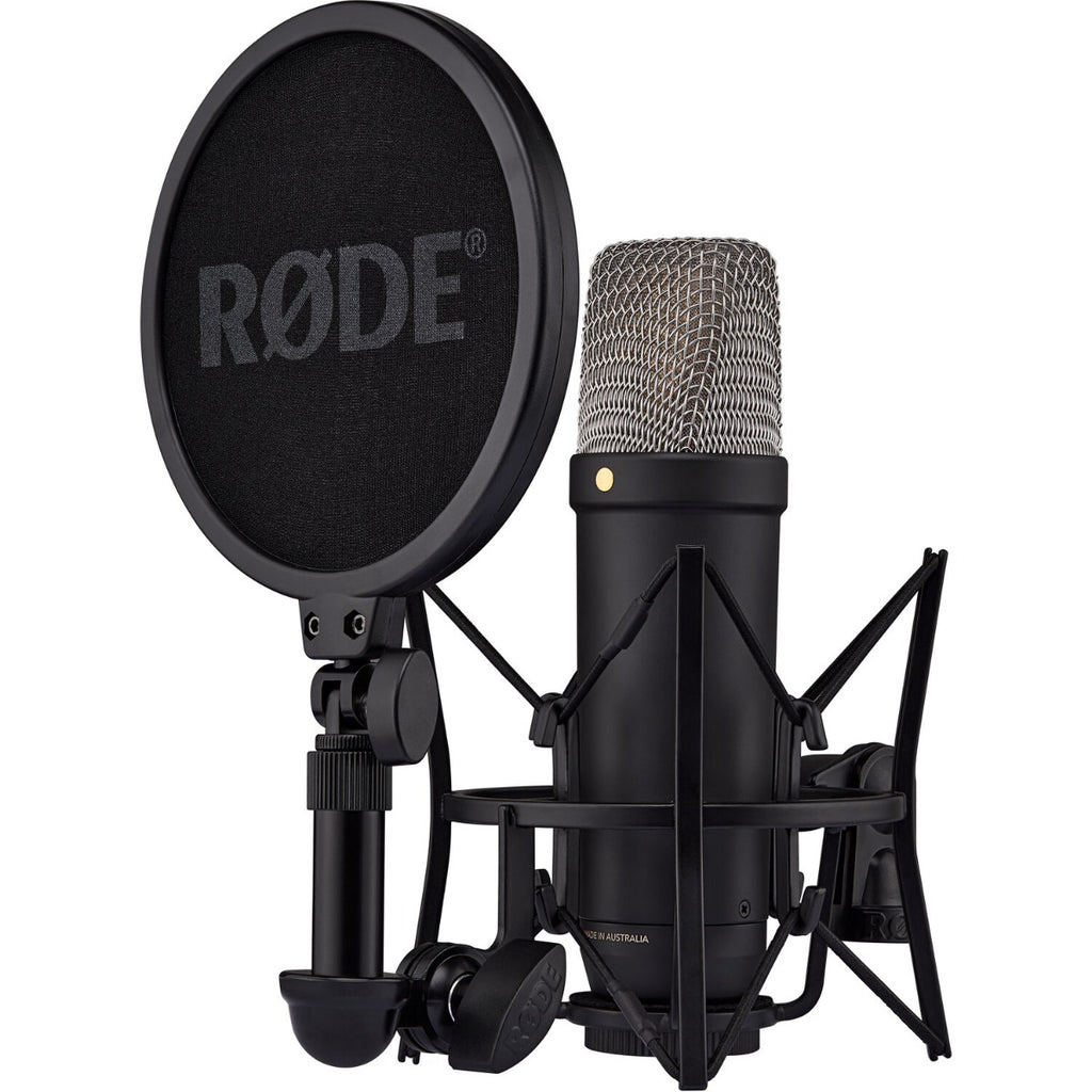 Rode NT1 GEN5 condenser microphone with black body and silver grille, studio recording microphone on a stand.
