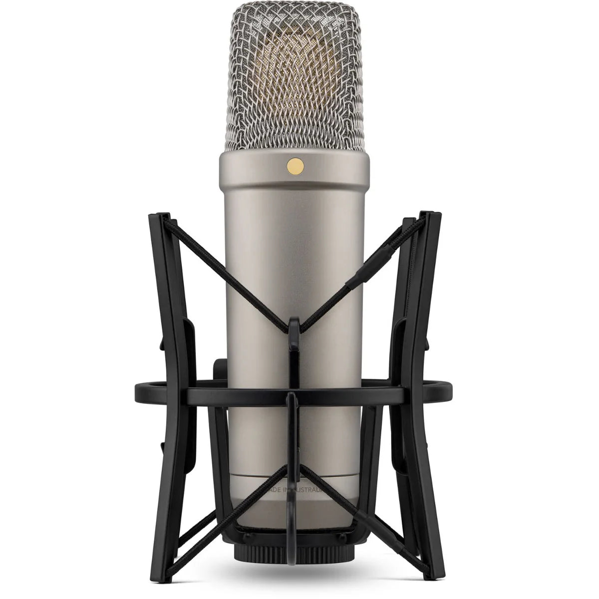 Rode NT1 GEN5 condenser microphone on a stand with black shock mount and pop filter, ready for studio recording.