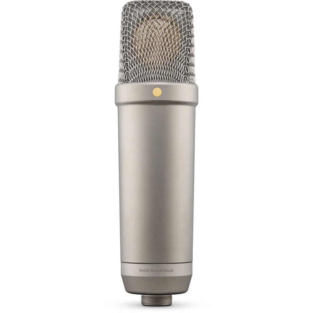 Rode NT1 GEN5 condenser microphone with black body and silver grille, shown on a stand for studio recording.