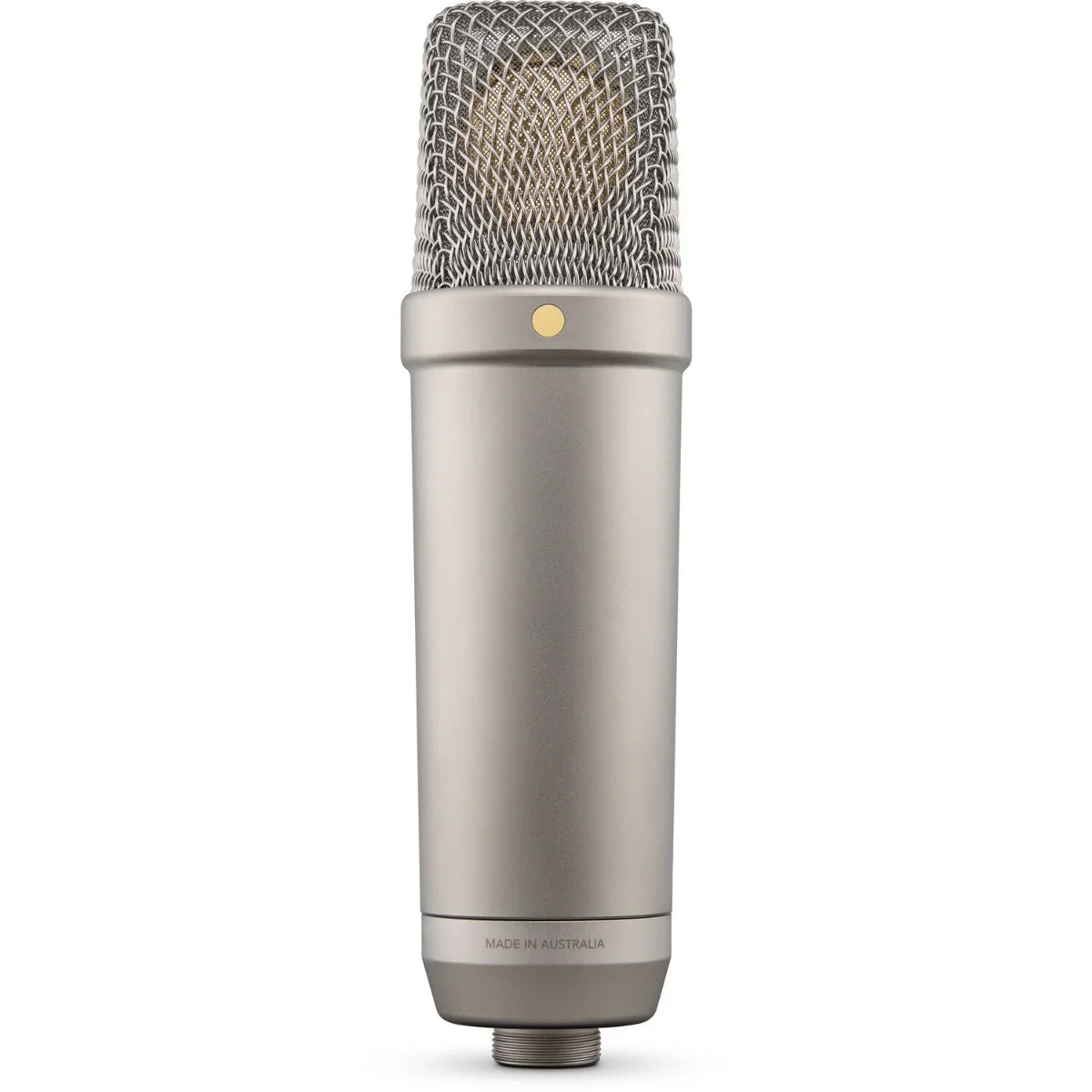 Rode NT1 GEN5 condenser microphone with black body and silver grille, shown on a stand for studio recording.