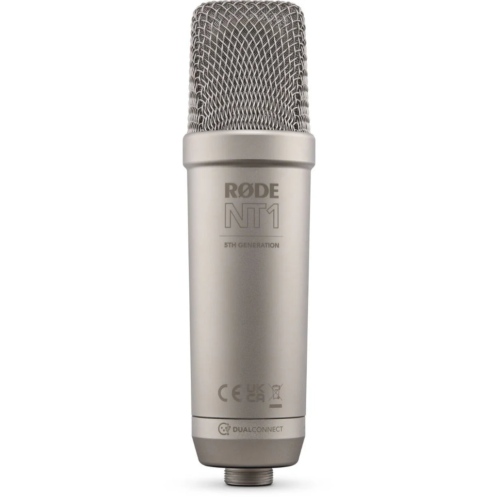 Rode NT1 GEN5 condenser microphone with metal grille and black body, ideal for studio recording and professional audio capture.