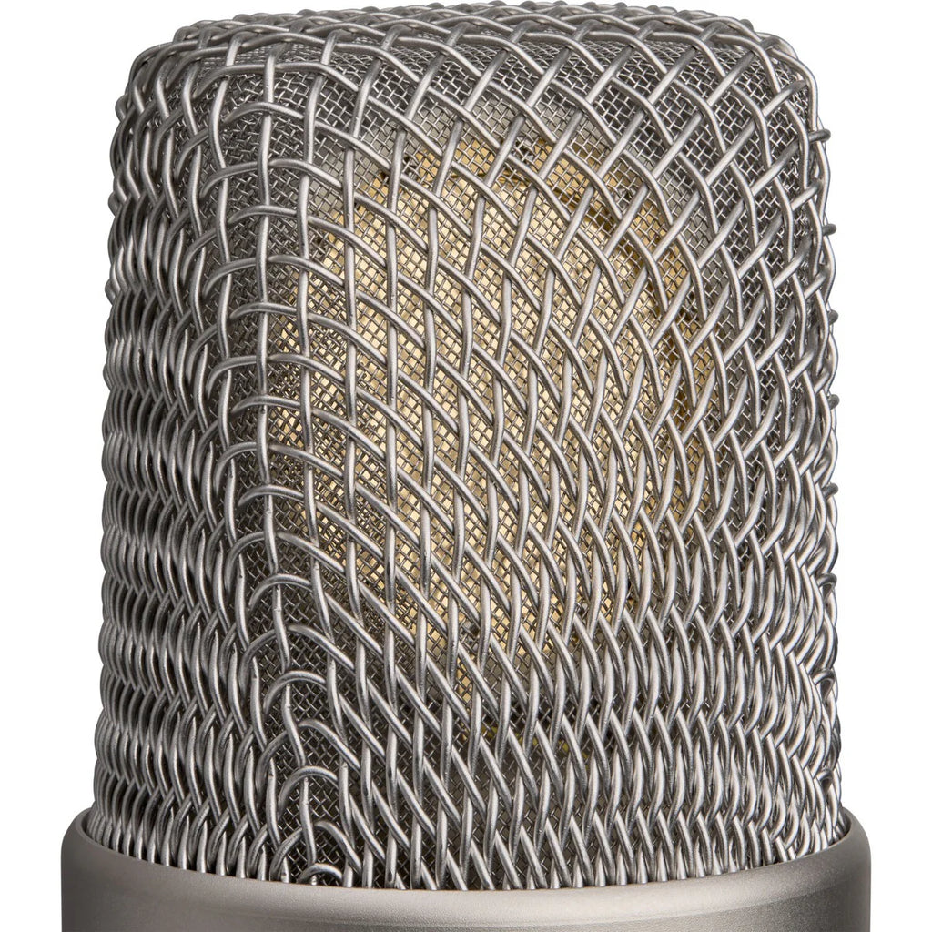Rode NT1 GEN5 condenser microphone with black body and silver grille, ideal for studio recording and professional audio applications.