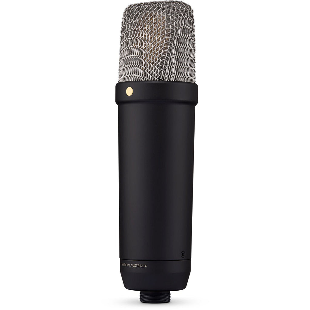 Rode NT1 GEN5 condenser microphone with black metal body and built-in shock mount, ideal for studio recording and vocals.