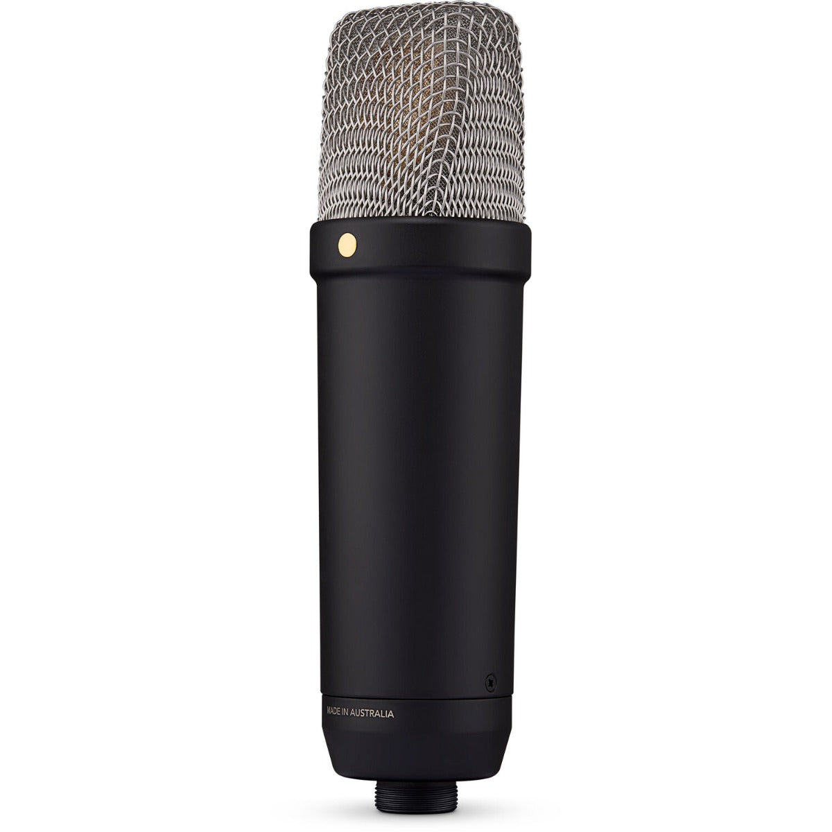 Rode NT1 GEN5 condenser microphone with black metal body and built-in shock mount, ideal for studio recording and vocals.