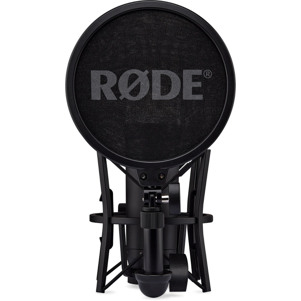 Rode NT1 GEN5 condenser microphone with shock mount and pop filter, designed for studio recording and vocals.