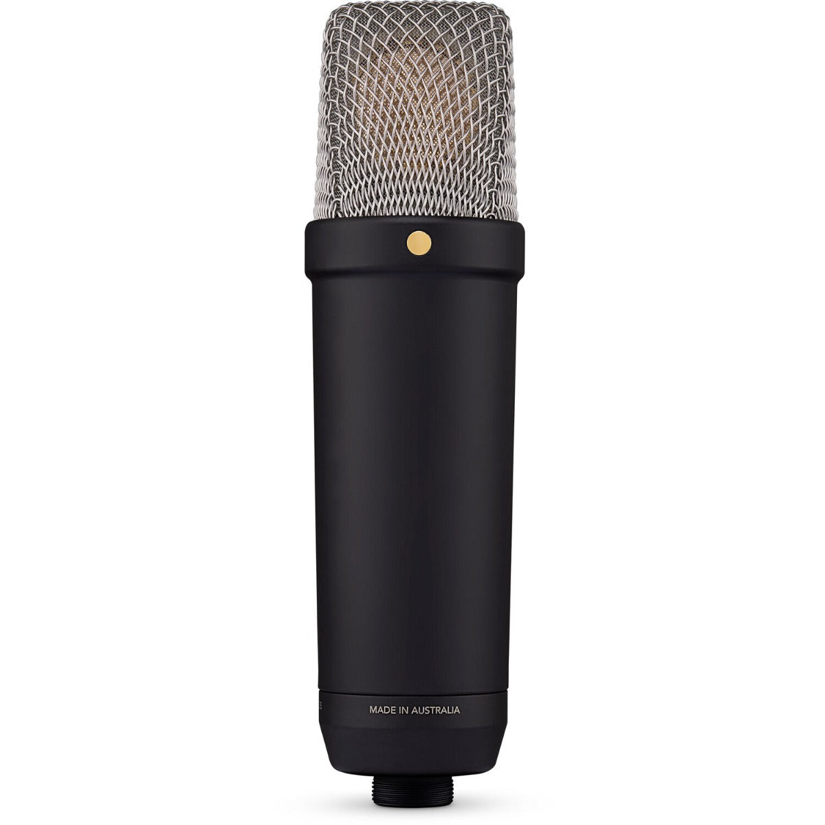 Rode NT1 GEN5 condenser microphone with black body and metal grille, positioned on a stand for studio recording.